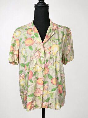 Vintage Fruit Print Button Up Shirt Citrus Resort Vacation Garden Party Coastal